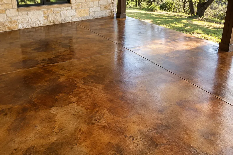 Acid-stained concrete in mottled brown and amber