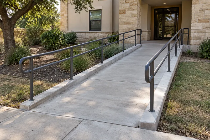 Concrete ramp with handrails at an apartment entrance