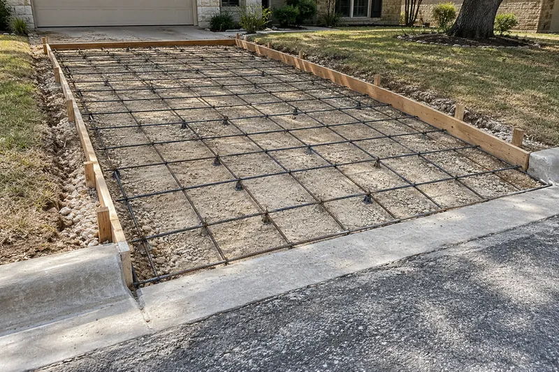 Rebar grid in forms at the curb line for a driveway approach