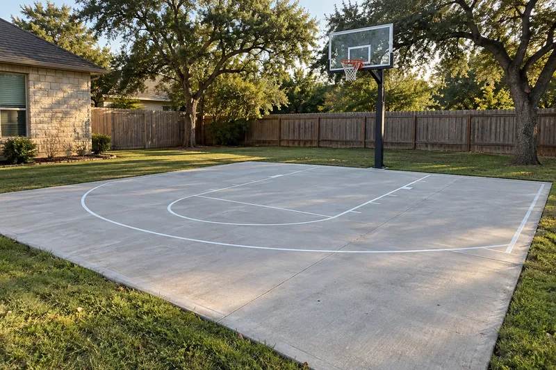 Backyard concrete basketball court with painted lines and a hoop