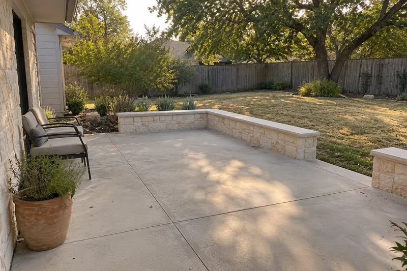 A backyard concrete patio with a seat wall or a pergola