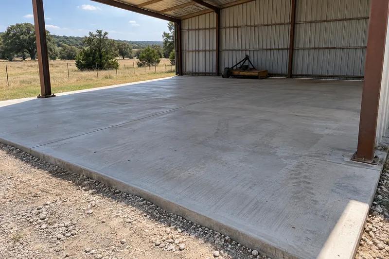 A concrete pad under a barn or equipment shed on acreage