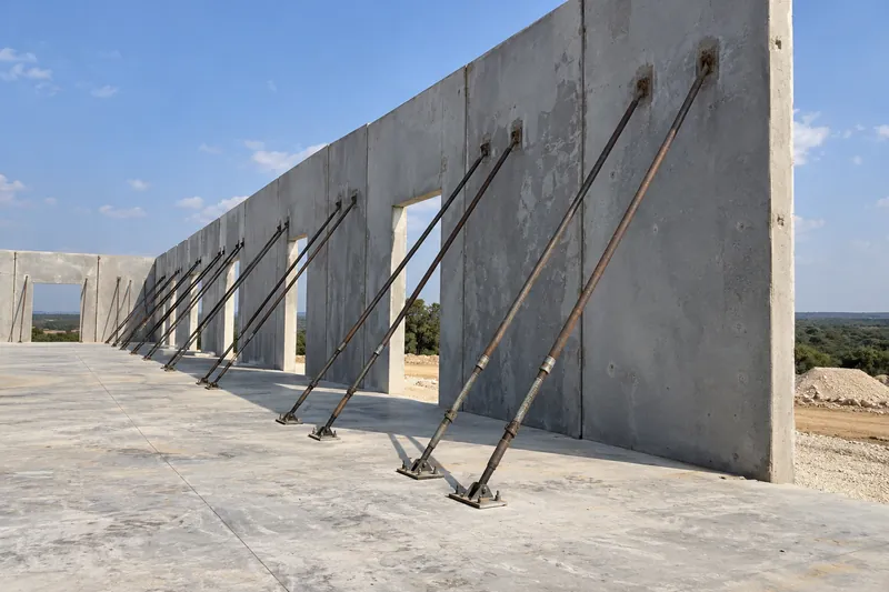A row of braced tilt-wall panels standing on a warehouse slab