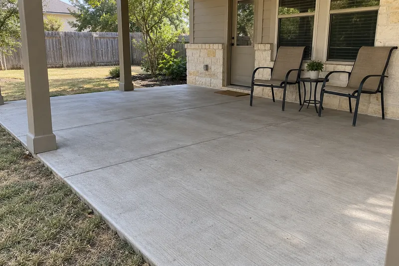 Broom-finished concrete patio behind a house under a covered porch