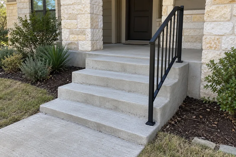 Poured concrete front steps with a metal handrail up to a porch