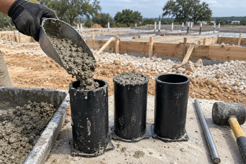 Concrete test cylinders being filled on a job site