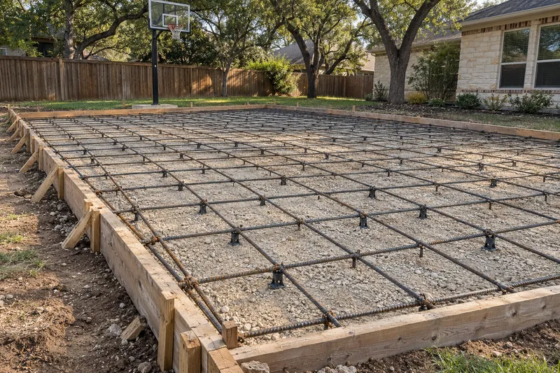 Formed court slab with rebar before the pour
