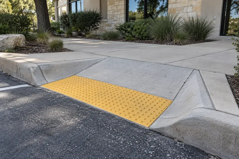 Concrete curb ramp with a truncated-dome warning pad