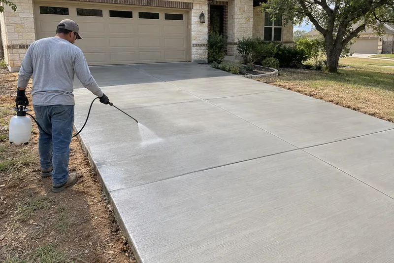 Curing compound being sprayed on a freshly finished concrete driveway