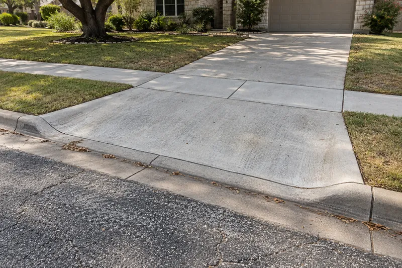 Concrete driveway approach meeting the street curb, with the sidewalk crossing it