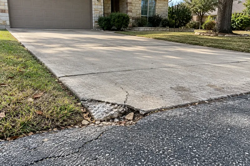 A driveway with a broken corner at the street edge
