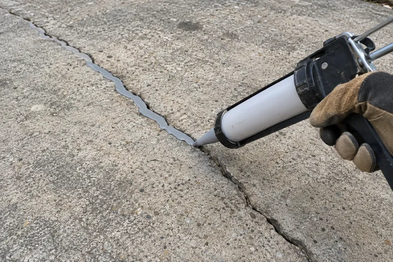 Driveway crack being filled with flexible sealant