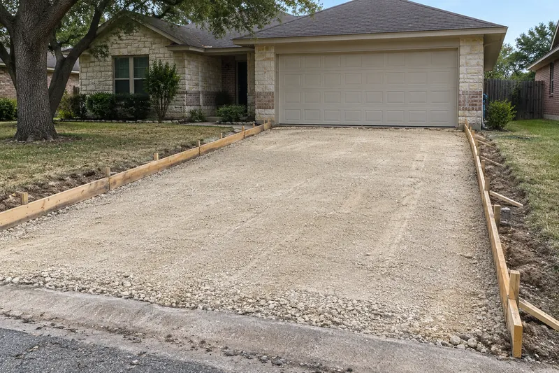 An old driveway torn out: the base graded smooth and new forms set for the replacement driveway