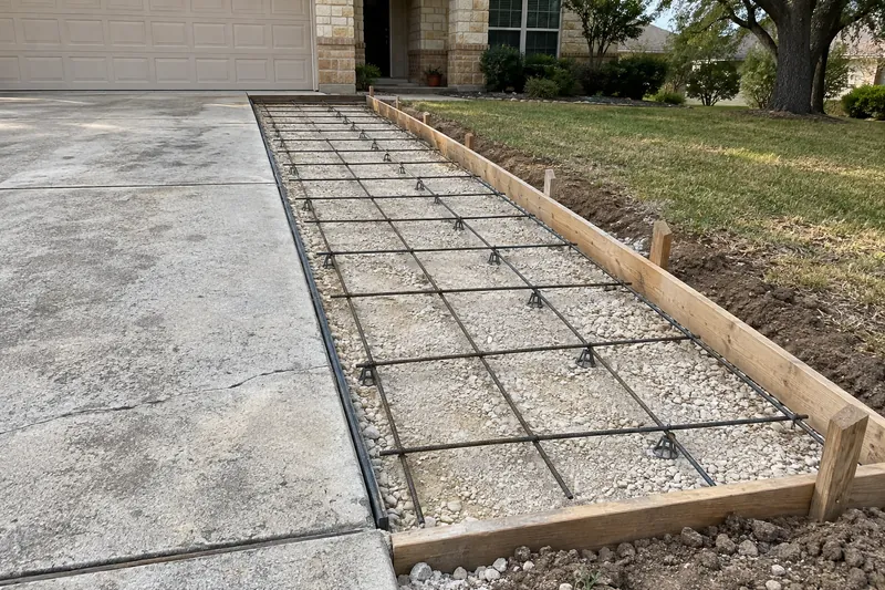 Forms and rebar set beside an existing driveway for a widening pour