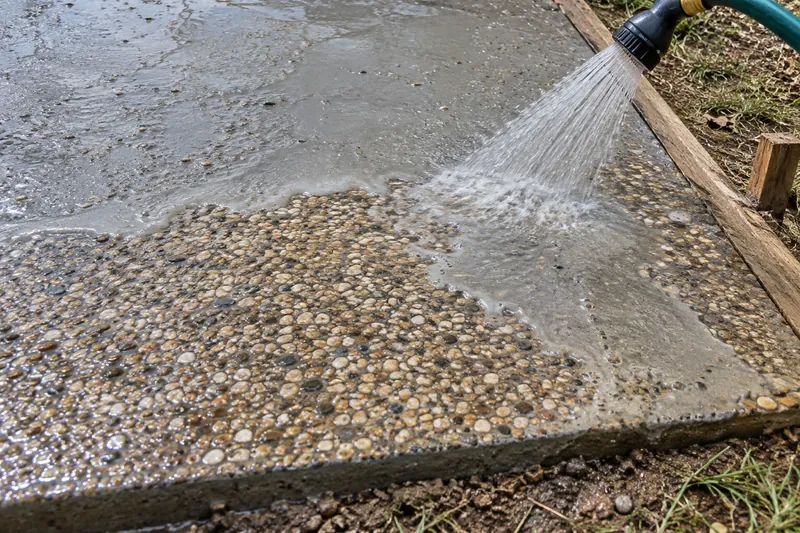 Surface paste being washed off to expose the aggregate