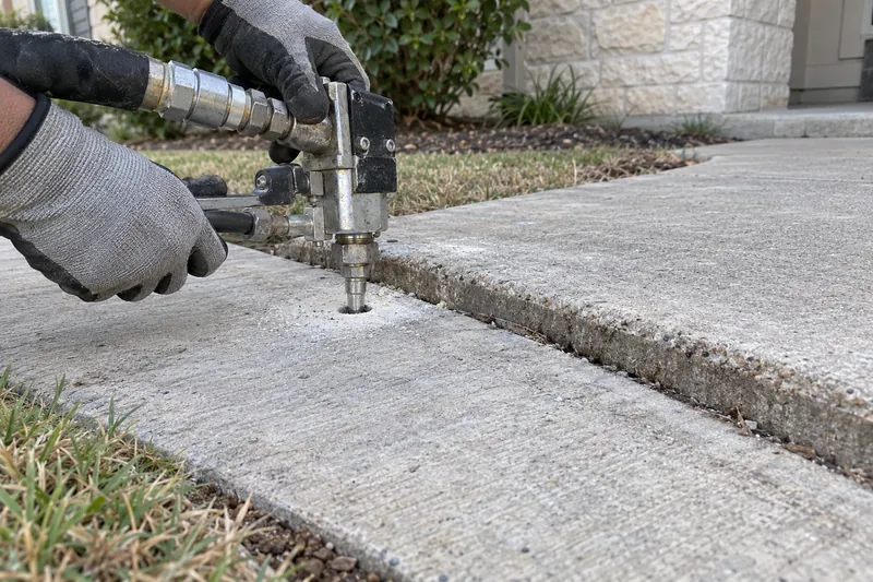 A foam-injection gun lifting a sunken sidewalk slab