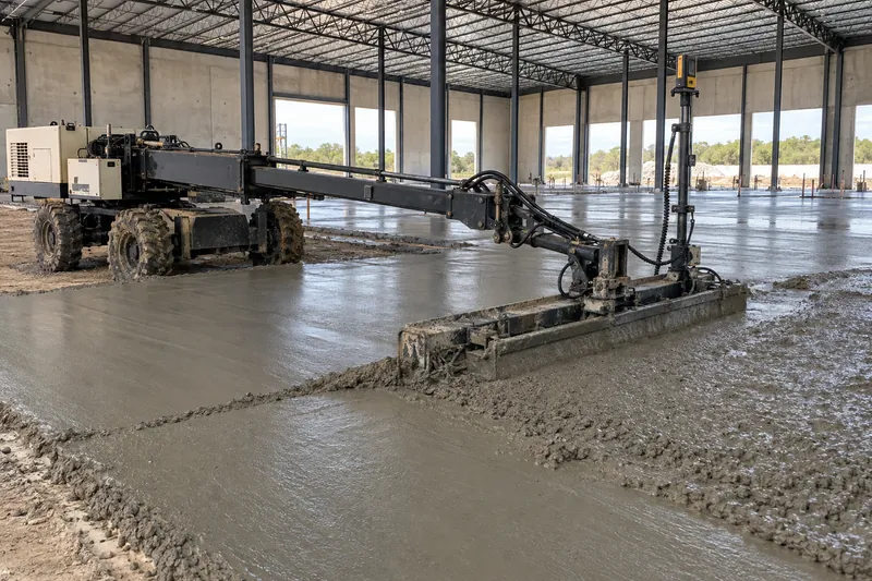 Laser screed levelling a warehouse floor pour