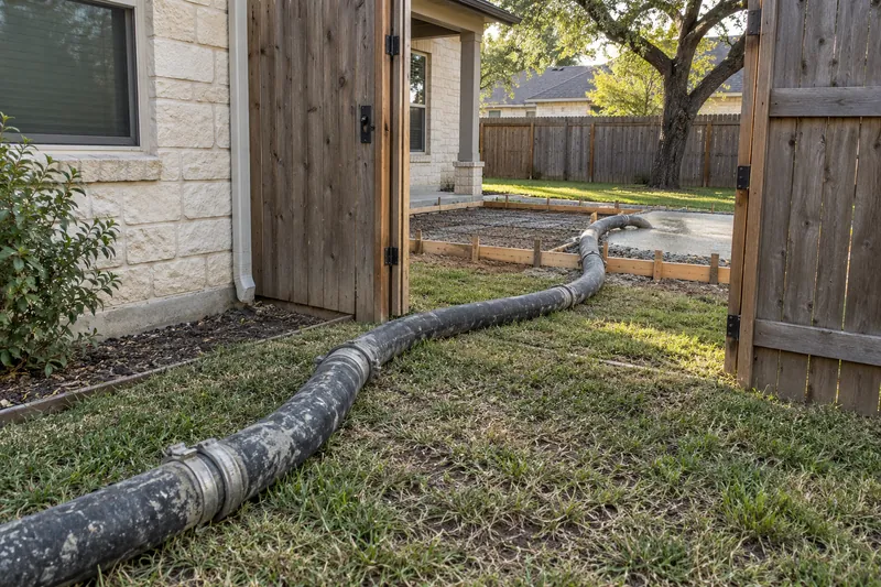 Line pump's hose running into a backyard