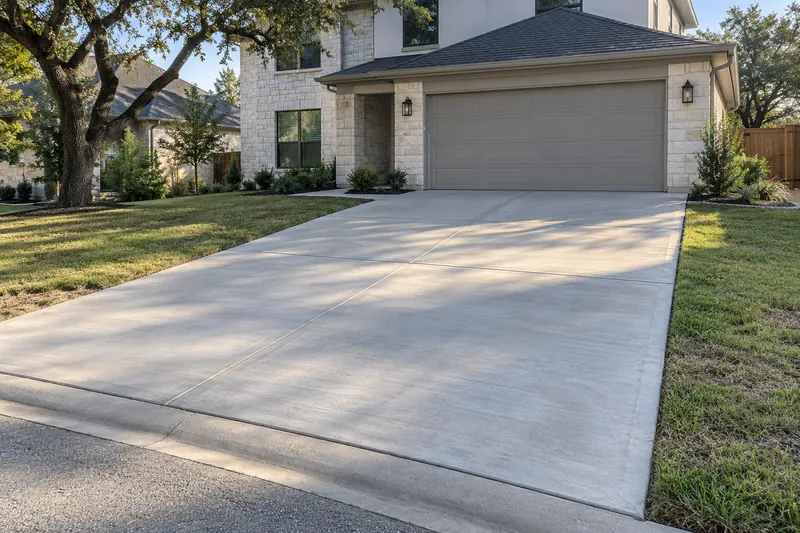 A new concrete driveway at a newer two-storey suburban home