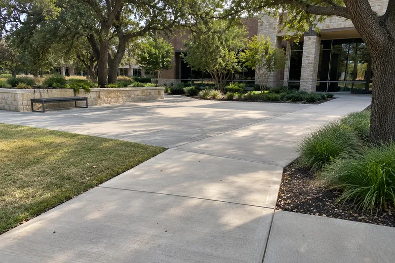 Concrete walkways and a plaza at an office campus