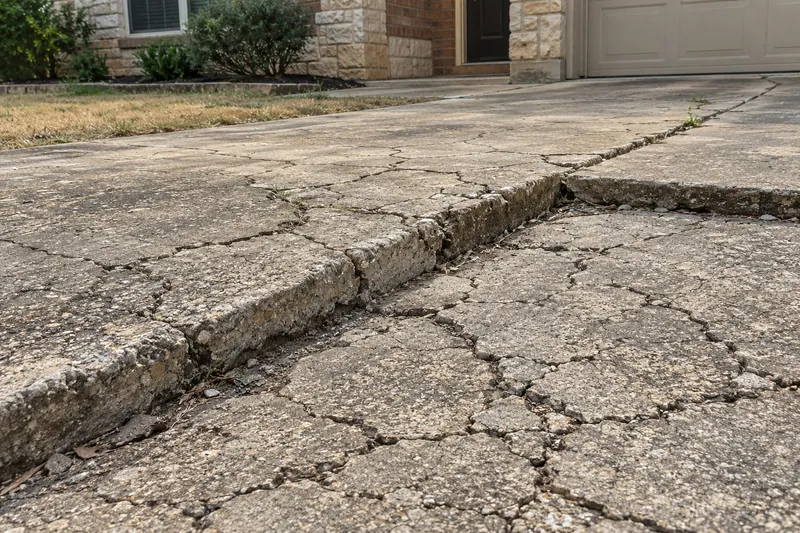 Old concrete driveway with alligator cracking and a sunken section