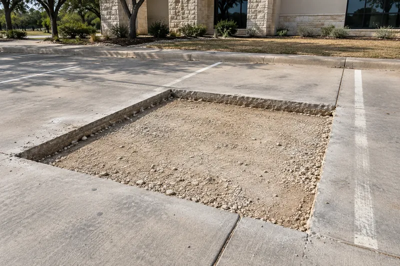 Broken parking lot panel saw-cut out for replacement