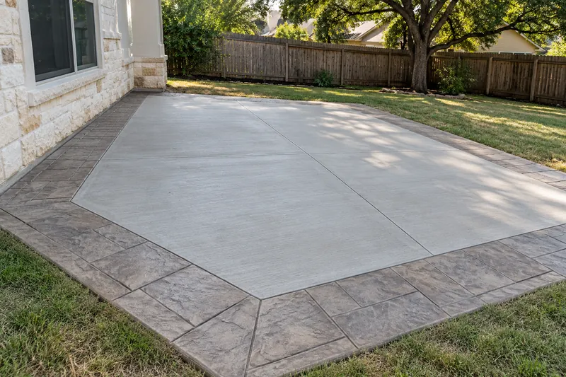 Patio with a stamped border around a broom-finished field