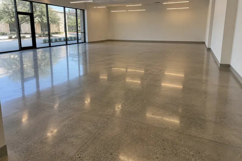 High-gloss polished concrete floor reflecting store lights