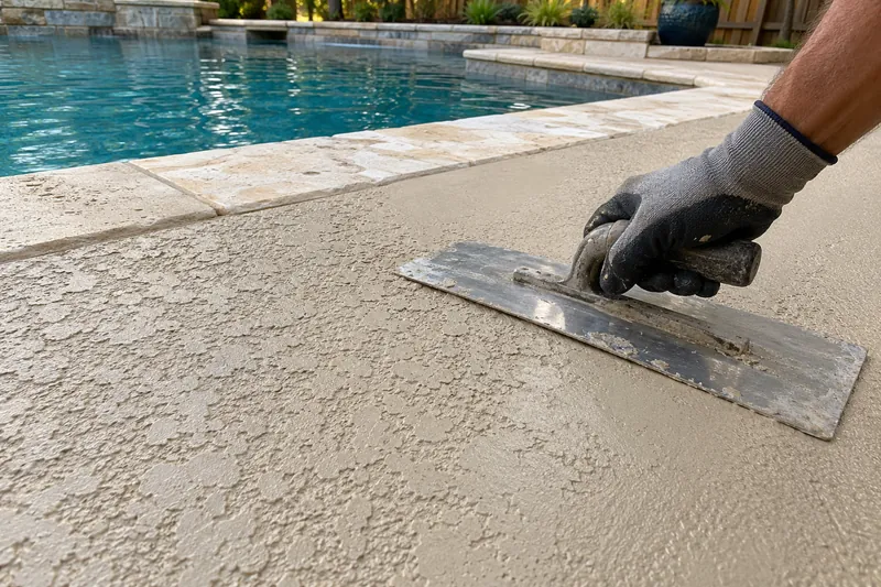 Knockdown texture being troweled onto a pool deck