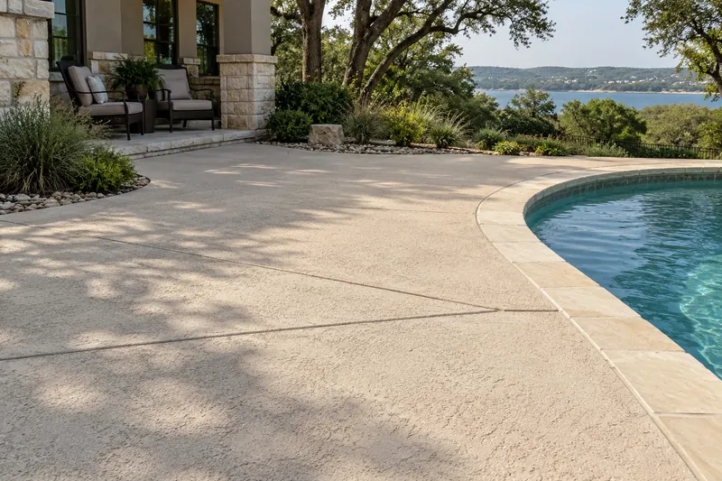 A light, textured pool deck at a lake-area home
