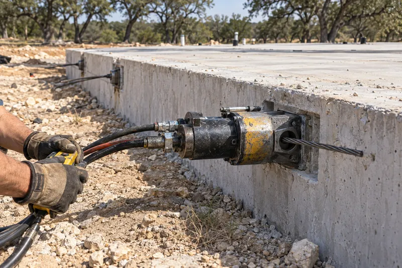 Post-tension cables being stressed at the edge of a new home slab
