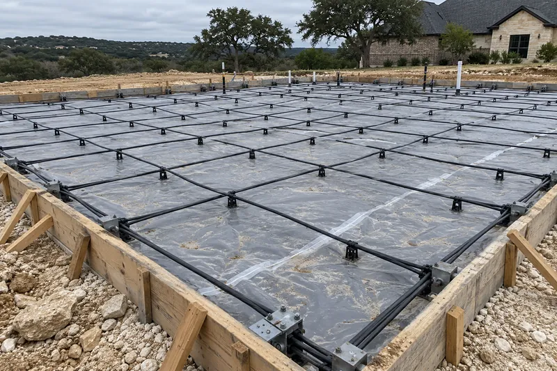 Post-tension cables laid over a vapor barrier inside slab forms