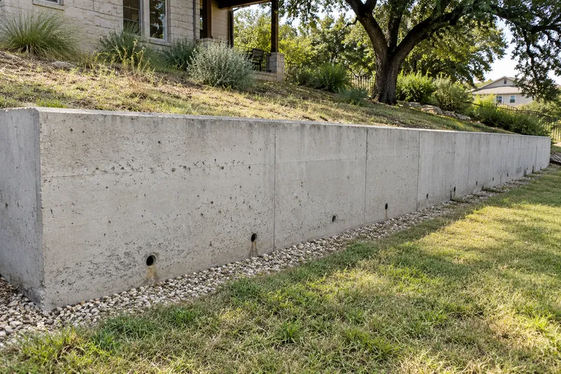 Poured concrete retaining wall with weep holes along a sloped yard