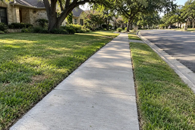 Public sidewalk with tooled joints along a residential street