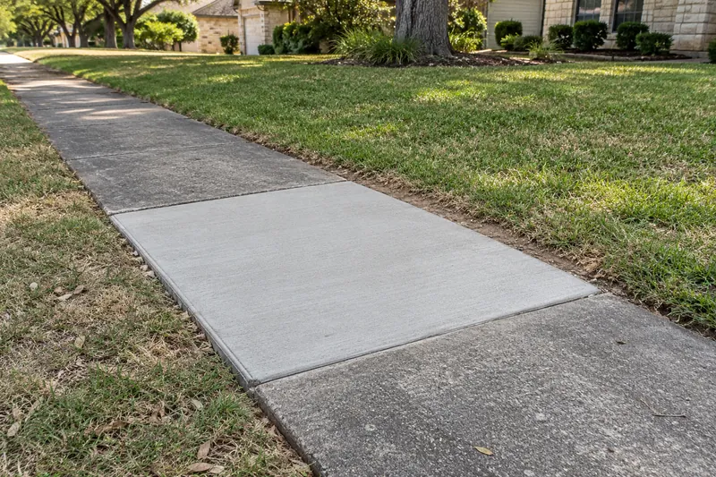 A newly replaced sidewalk panel between older, darker panels