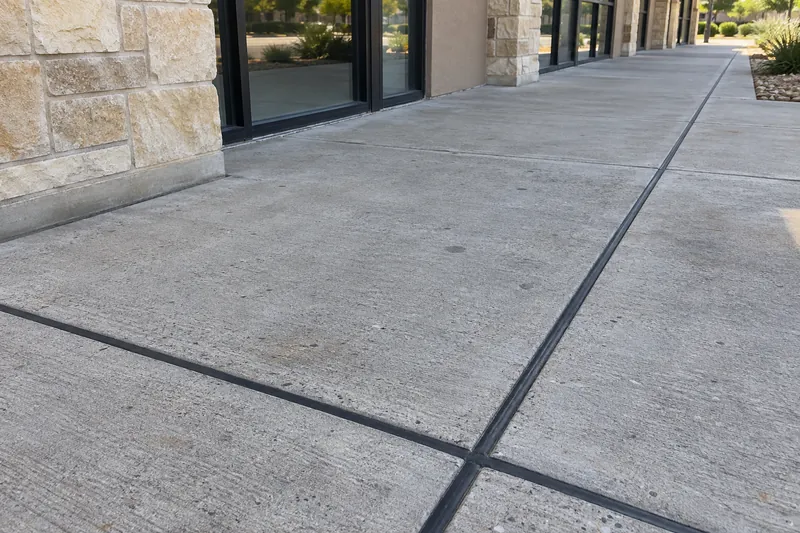 Freshly resealed joints in a concrete walkway outside storefronts
