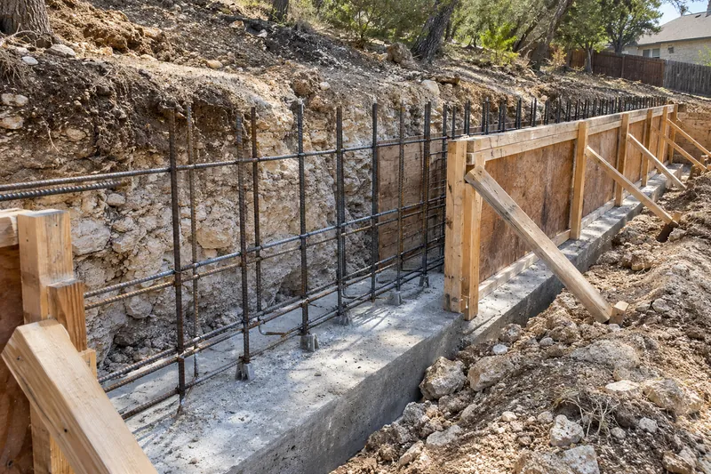 Rebar and wall forms set on a footing