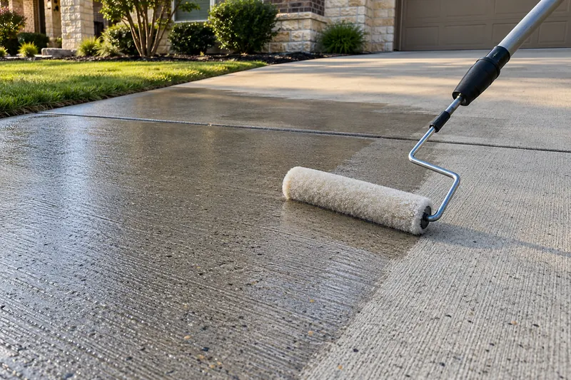Roller applying sealer to a broom-finished driveway