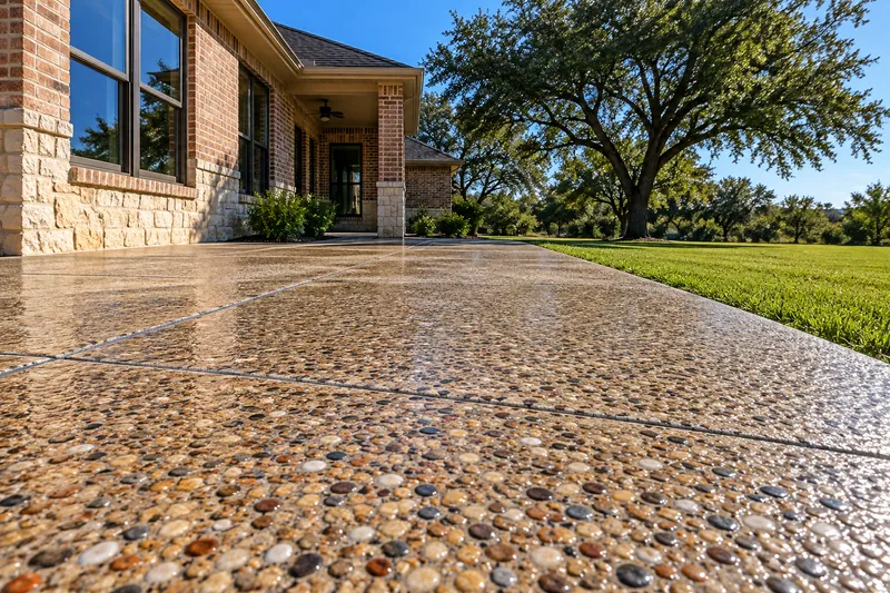 Sealed exposed-aggregate concrete patio with rounded river pebbles beside a brick house