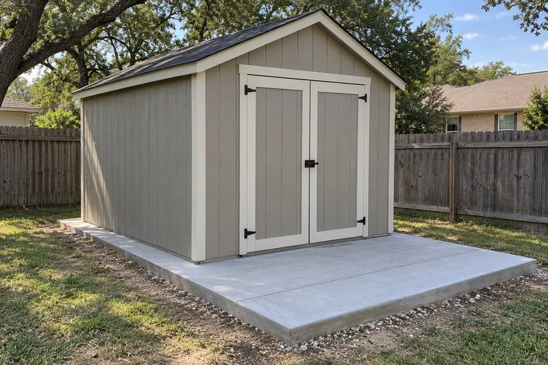A small storage shed on a new concrete pad