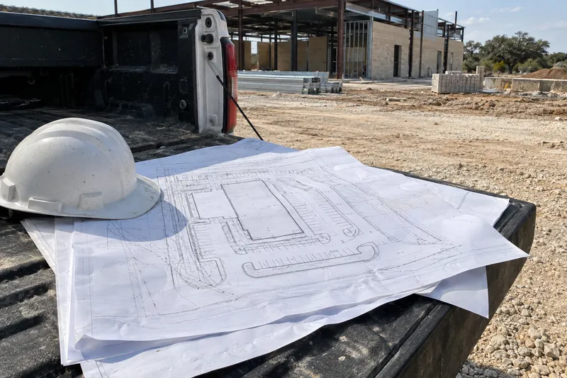 Site plan sheets and a hard hat at a commercial job site