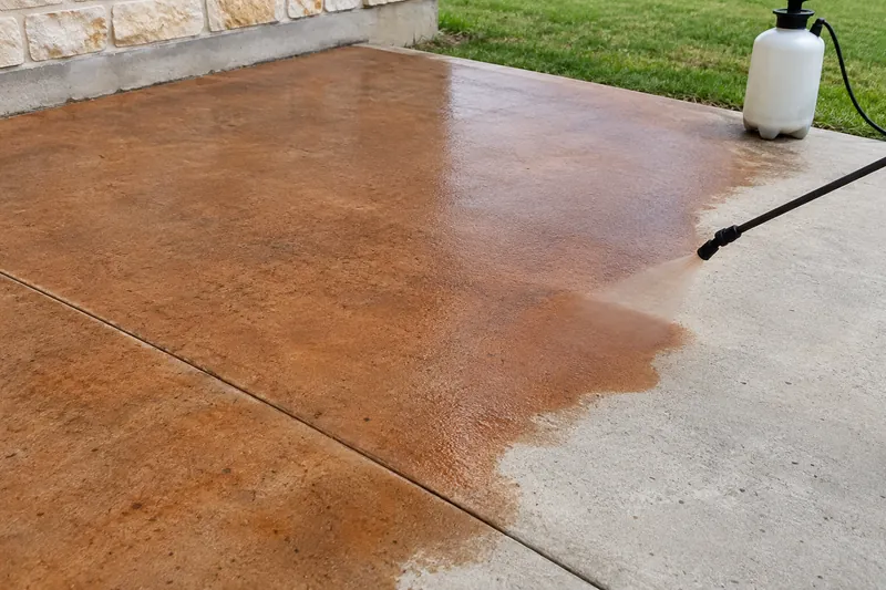 Stain being sprayed on a clean concrete slab
