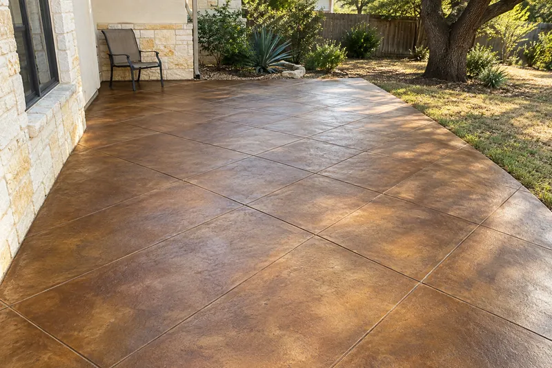 A stained concrete patio scored in a diamond pattern