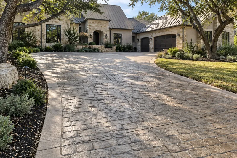 A stamped cobblestone-pattern driveway at a large estate home