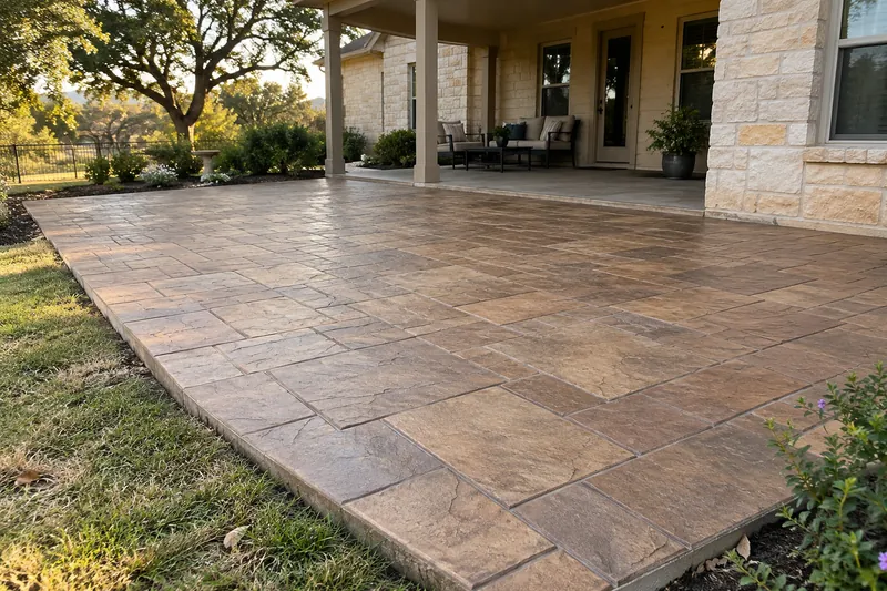 Colored stamped concrete patio in an ashlar slate pattern