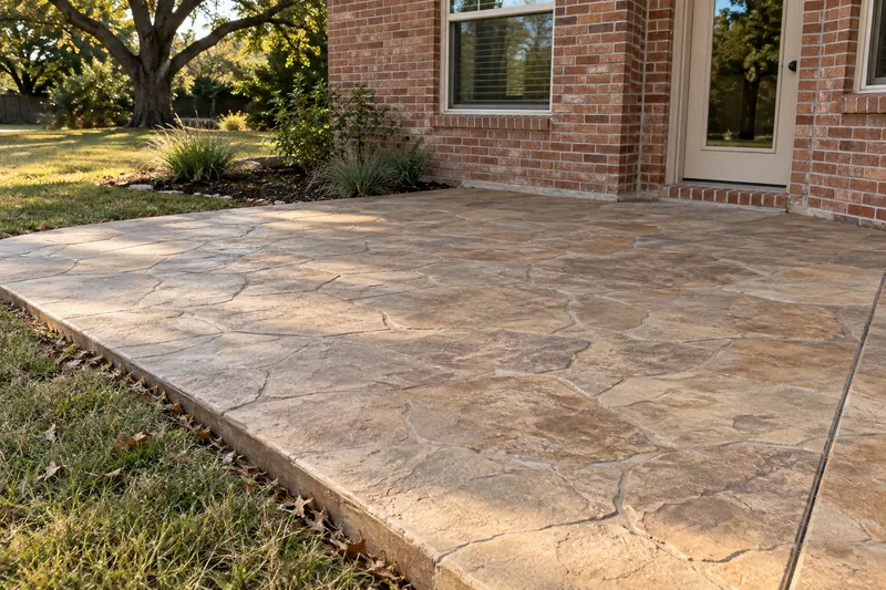 A stamped flagstone patio beside a traditional red-brick home