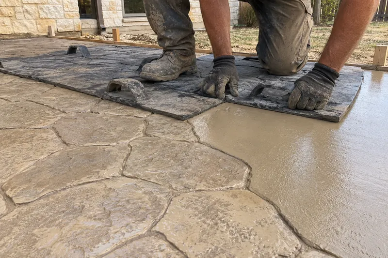 Stamping mats being pressed into fresh colored concrete