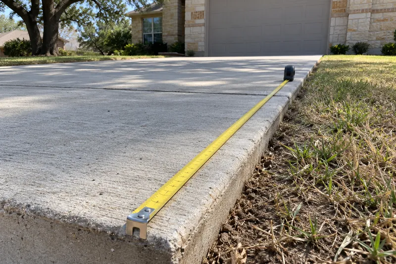 Tape measure stretched along the edge of a concrete driveway
