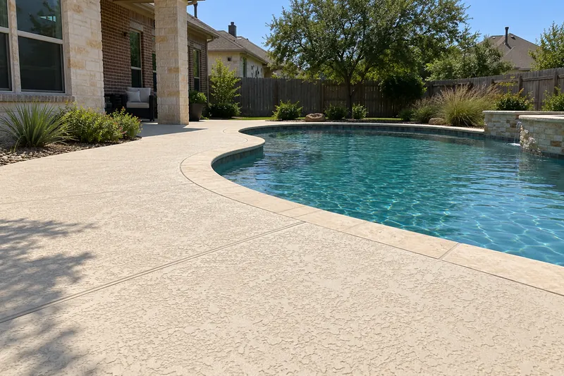 Light textured concrete deck around a backyard pool