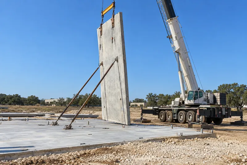Crane lifting a tilt-wall panel upright
